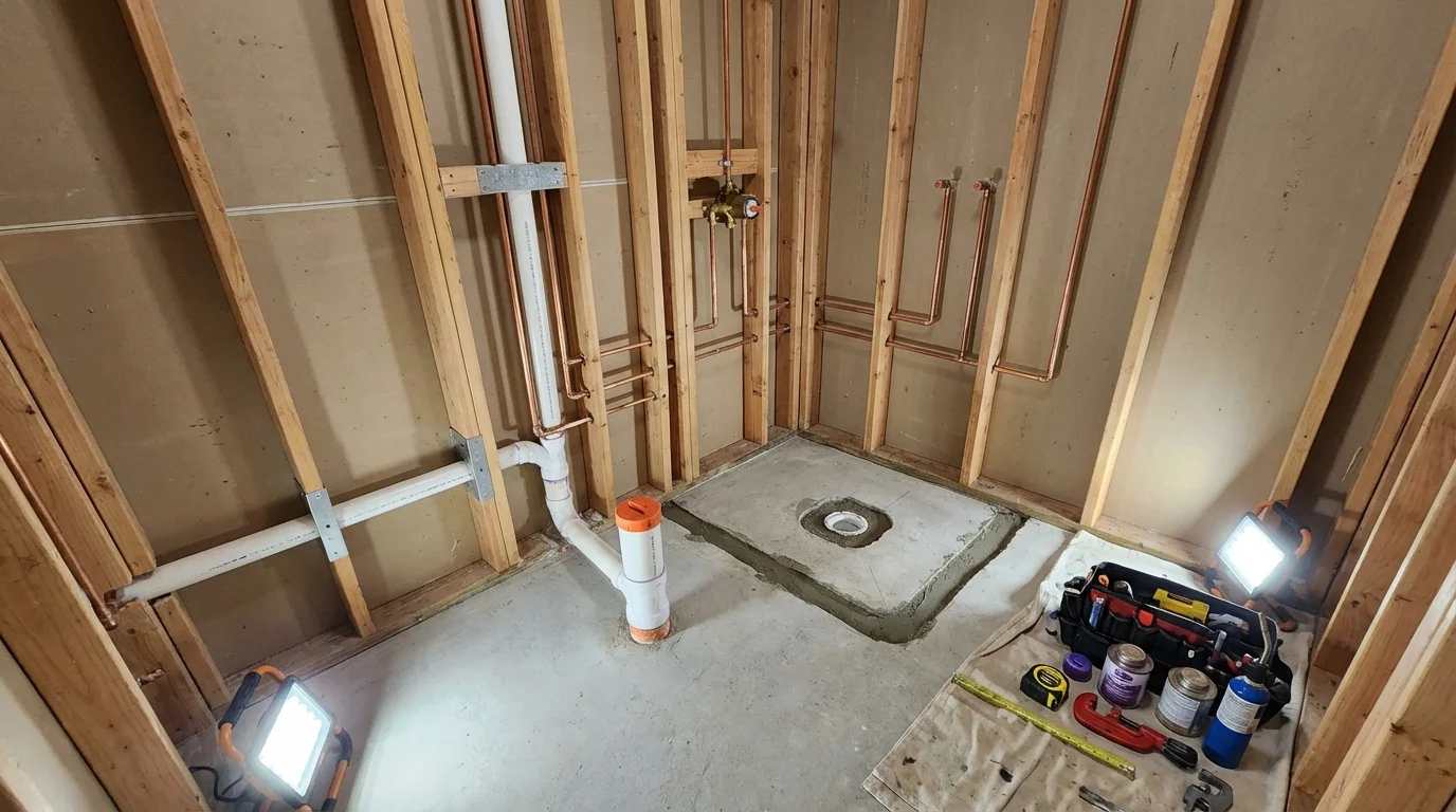Bathroom rough-in plumbing during remodel by Johns Plumbing LLC in Lisbon