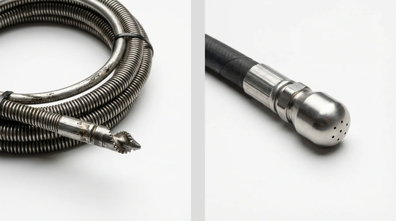 Drain snake cable and hydro jetting nozzle used for drain cleaning in Lisbon, IA