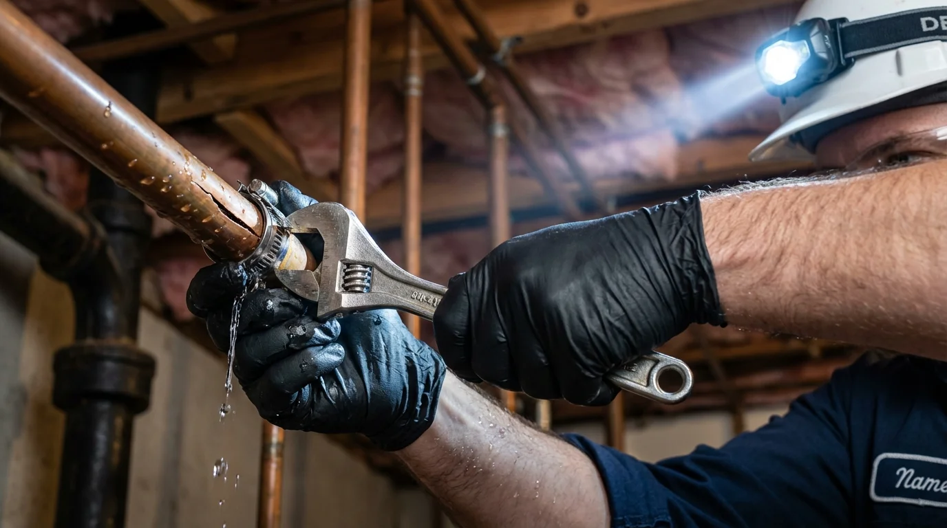 Emergency pipe clamp repair being performed by a Johns Plumbing LLC plumber in Lisbon