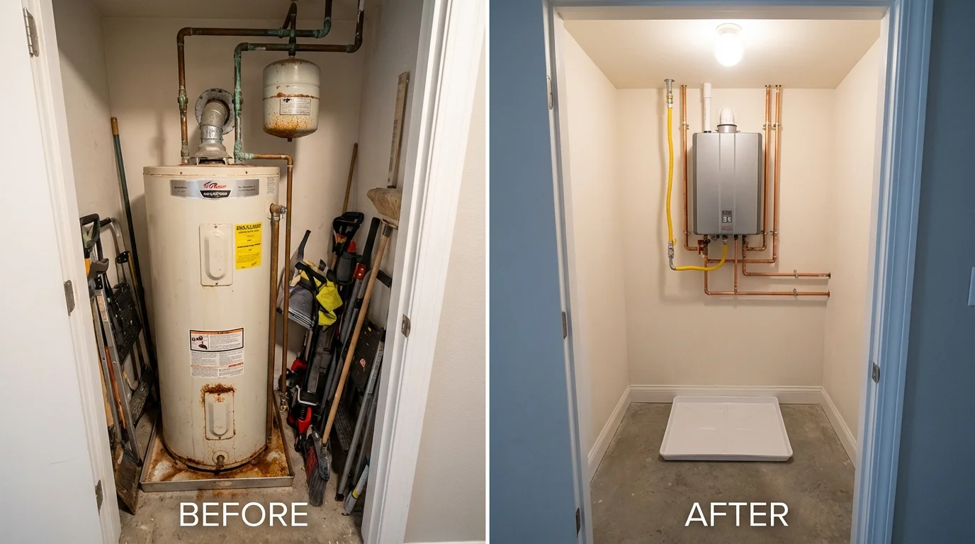 Tank water heater versus wall-mounted tankless unit comparison for Lisbon, IA homeowners