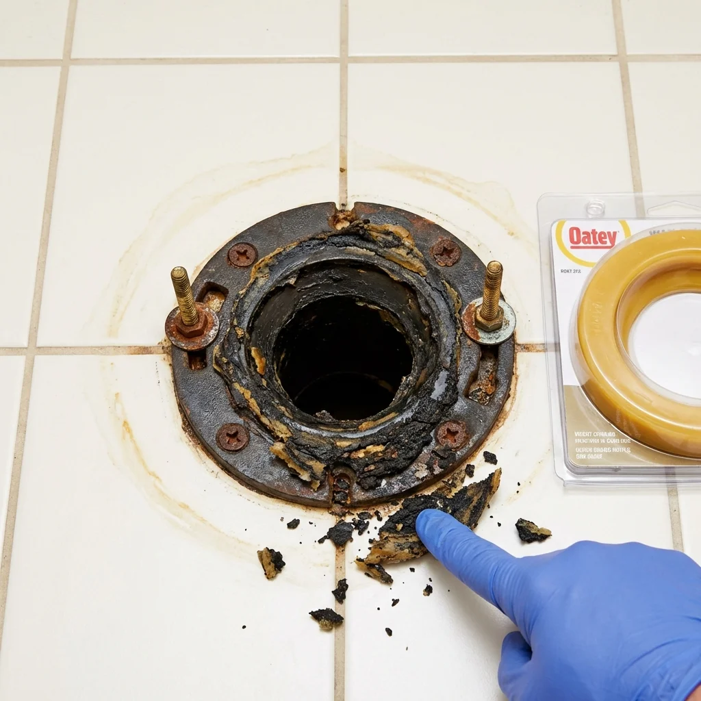 Failed wax ring showing water seepage at the base of a toilet in a Lisbon, IA home