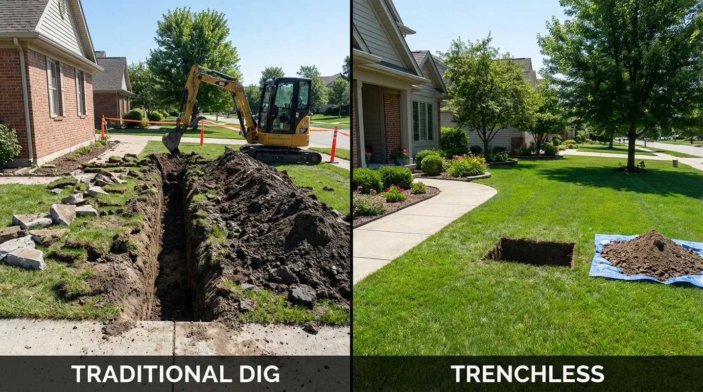 Trenchless sewer repair with minimal yard damage versus traditional excavation in Lisbon, IA