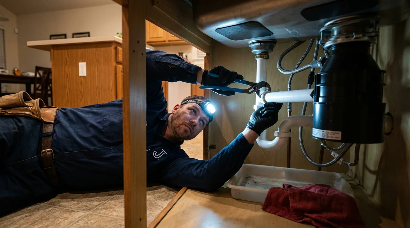 P-trap and supply line connections under a kitchen sink showing a common leak point in Lisbon, IA